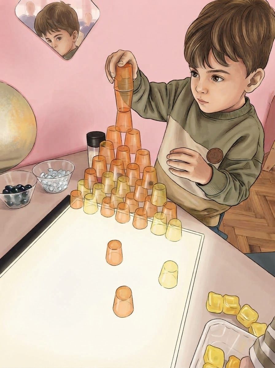 Ilustracija: dijete slaže piramidu od prozirnih čašica na svjetlosnom stolu.