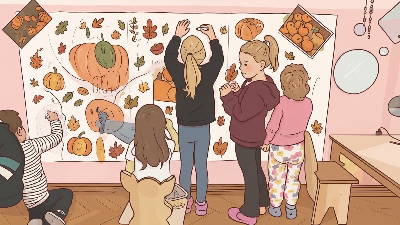 Ilustracija: djeca crtaju bundeve i jesensko lišće na velikom papiru na zidu.